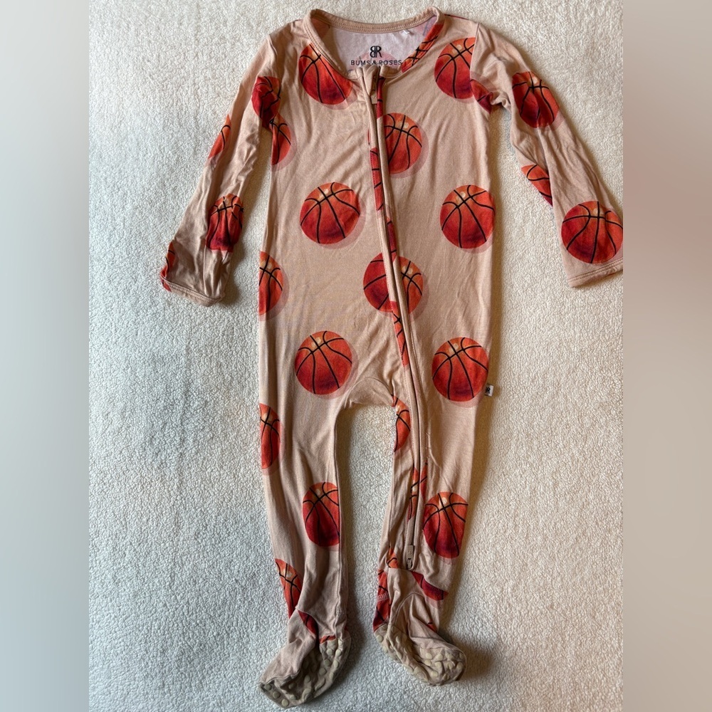 Bums & Roses Basketball Print One Piece Toddler Pajamas Bamboo Viscose. 18-24 Mo